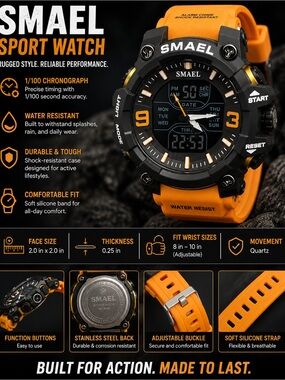Men's Sport Watch - Orange Silicone Strap